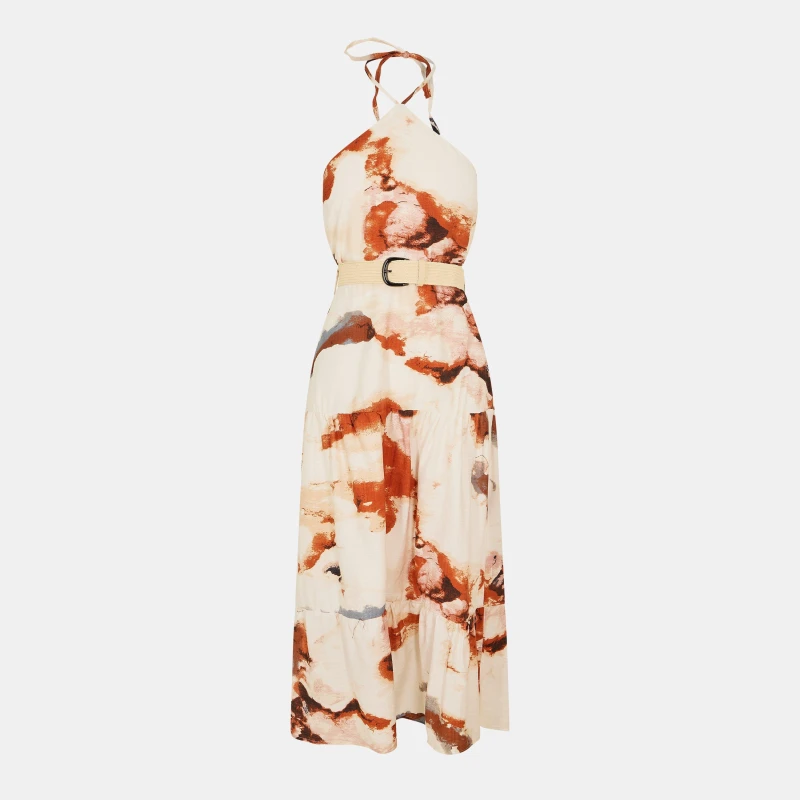 Image of AX Paris Halterneck Straw Belt Tiered Midi Dress Rust female 14 (L)