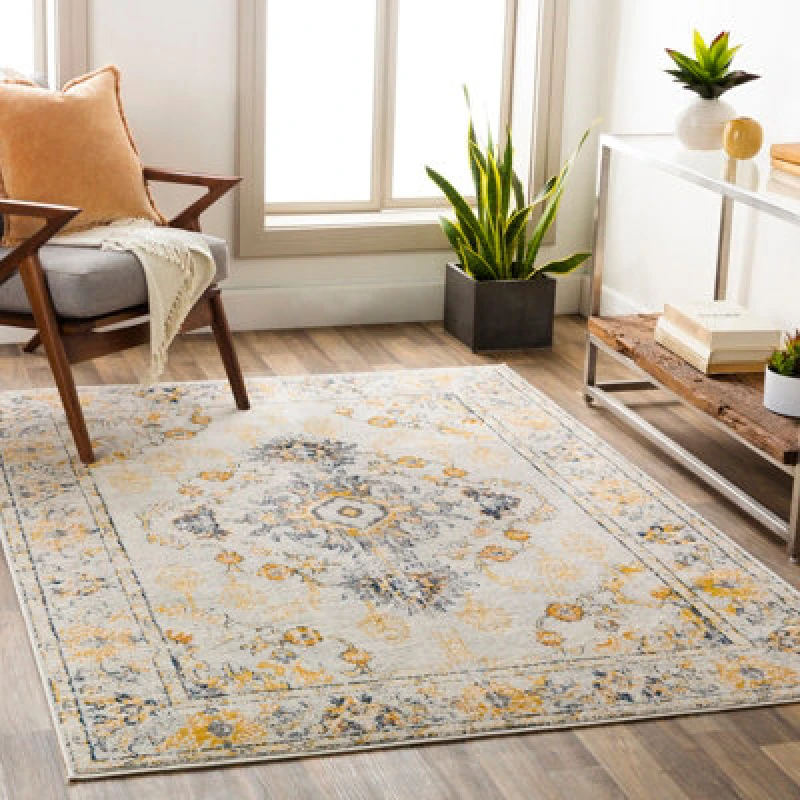 Image of Livabliss Vintage Oriental Boho Yellow Sonam Area Rug 160 X 215cm - Easy Care, Non Shedding, Ideal For Living Room & Bedroom