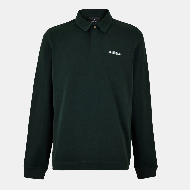 Image of Paul Smith Mens Embroidered Long-Sleeve Rugby Polo Shirt Green 38 male L