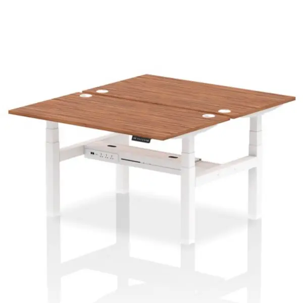 Image of Air Air Back-to-Back 1400 x 800mm Height Adjustable 2 Person Bench Desk Walnut Top with Cable Ports White Frame HASCP2P14800WNTW