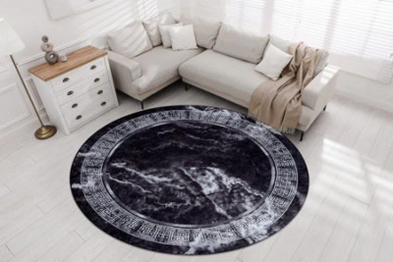 Image of RugsX Miro 51199.807 Circle Washing Carpet Marble, Greek Anti Slip - Black / Circle 100 Cm