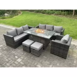 Image of Fimous 7 Seater Rattan Outdoor Patio Gas Fire Pit Dining Sofa Complete Set with Heater and 2 Small Stools