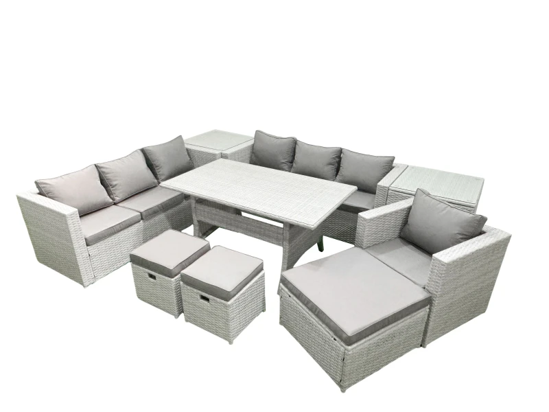 Image of Fimous 9 Pieces Outdoor Rattan Sofa Set with Cushions Patio Garden Furniture Sets with Armchair Dining Table 2 Side Tables 3 Footstools Light Grey