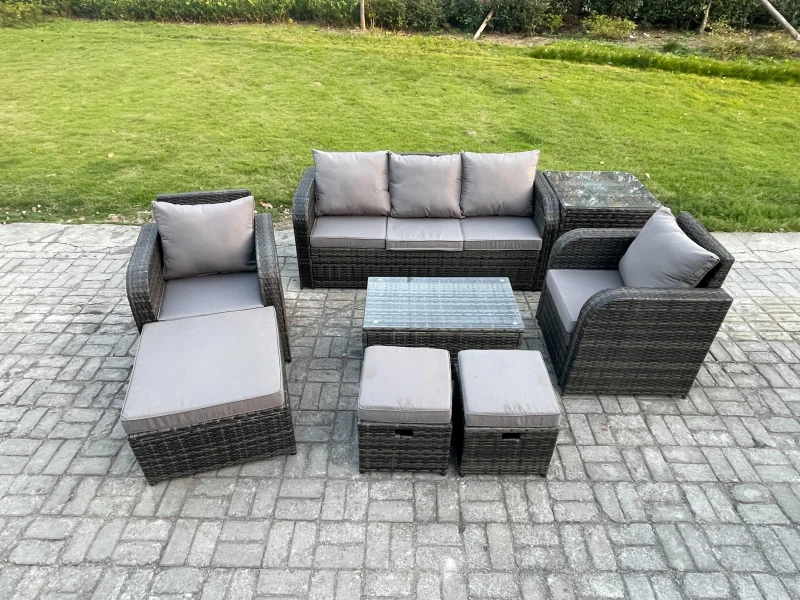 Image of Fimous 8 Seater Rattan Garden Furniture Set Patio Outdoor Lounge Sofa Set with Rectangular Coffee Table 3 Footstools Dark Grey unisex