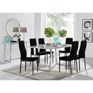 Image of Furniture Box Kylo White Marble Effect Dining Table and 6 Black Velvet Milan Black Leg Chairs
