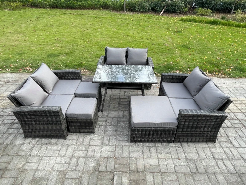 Image of Fimous Outdoor Lounge Sofa Set Wicker PE Rattan Garden Furniture Set with Rectangular Dining Table 2 Seat Sofa 3 Footstools in Dark Grey Dark Grey Uni