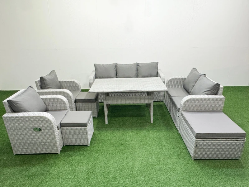 Image of Fimous PE Rattan Garden Furniture Set Reclining Chair Sofa Double Love Seat 2 Seater Sofa Lounge Set Rectangular Dining Table 3 Stools Light Grey Ligh