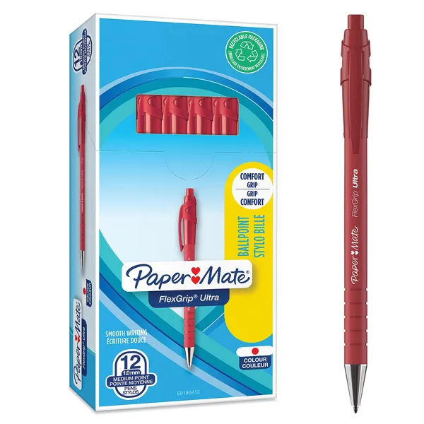 Image of Paper Mate Flexgrip Ultra Retractable Ballpoint Pen, Medium 1mm Tip, Assorted Barrel Colours, With Grip, Assorted Ink Colours: Black, Red, Blue,