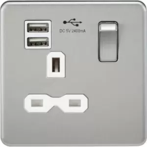 Image of MLA Knightsbridge 13A 1 Gang Socket With Dual USB Charger (2.4A) Brushed Chrome W/White Insert - SFR9124BCW