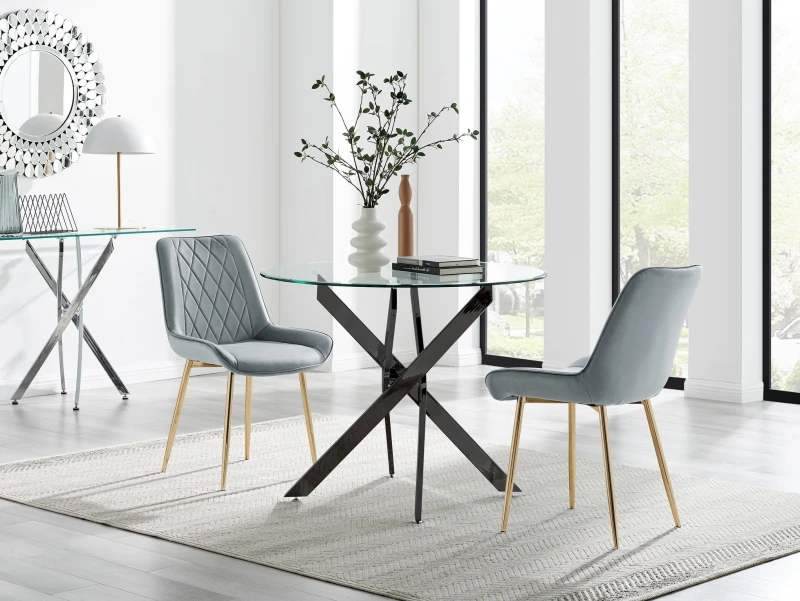 Image of FurnitureboxUK FurnitureboxUK Novara 100cm Round Black Leg Dining Table & 2 Pesaro Gold Leg Chairs in Grey Grey One Size Unisex 5056784304471