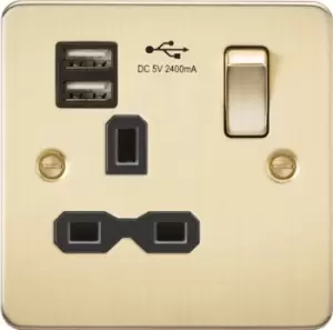 Image of KnightsBridge Flat plate 13A 1G switched socket with dual USB charger (2.4A) - brushed brass with Black insert