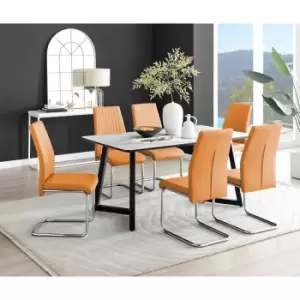 Image of Furniture Box Carson White Marble Effect Dining Table and 6 Mustard Lorenzo Chairs
