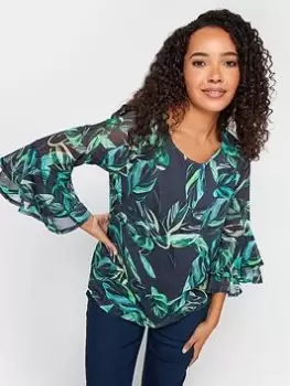 Image of M&Co Floral Flute Sleeve Blouse, Black, Size 10, Women