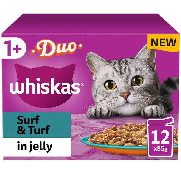 Image of Whiskas 1+ Adult Surf and Turf Duo in Jelly Cat Food 12 x 85g