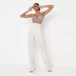 Image of Missguided Petite Satin Wide Leg Trouser - Neutral