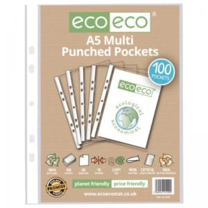 Image of Eco Eco 100% Recycled Punched Pocket A5 Clear (100 Pack) eco109-S