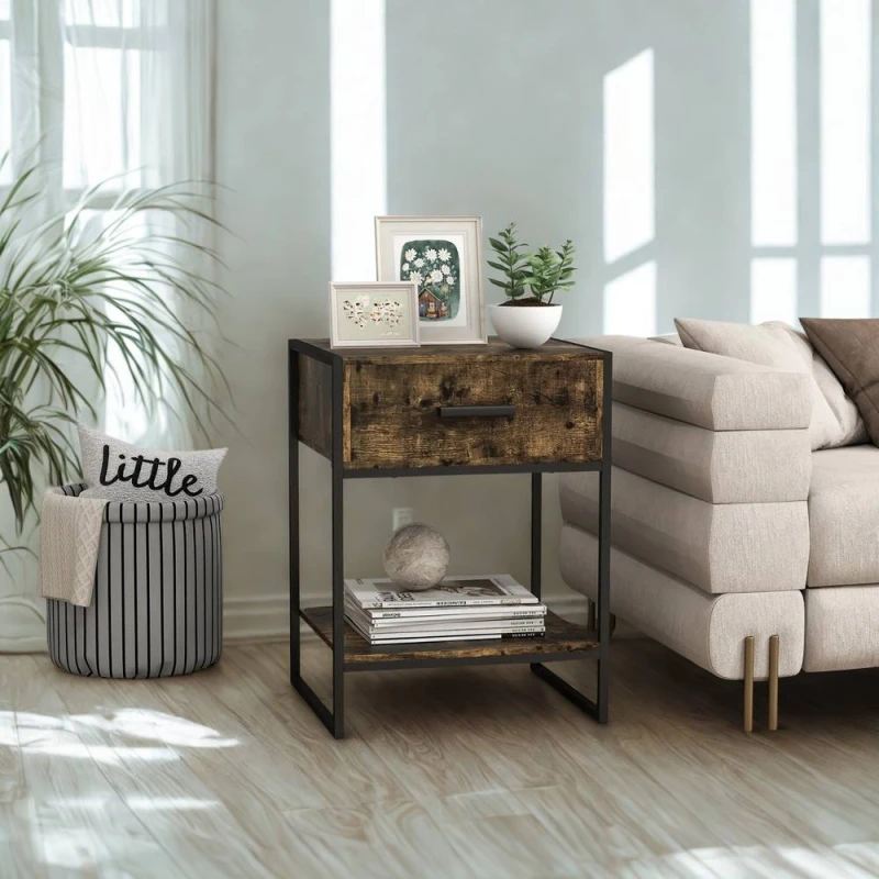 Image of FURNOS Industrial Bedside Table Nightstand With Drawer & Shelf in Brown Brown Unisex