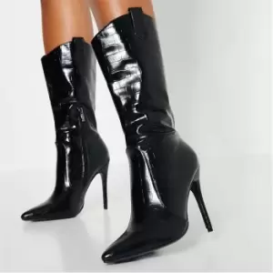 Image of I Saw It First Western Detail Stiletto Mock Croc Faux Leather Ankle Boots - Black