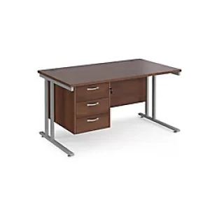 Image of Rectangular Straight Desk Walnut Wood Cantilever Legs Silver Maestro 25 1400 x 800 x 725mm 3 Drawer Pedestal