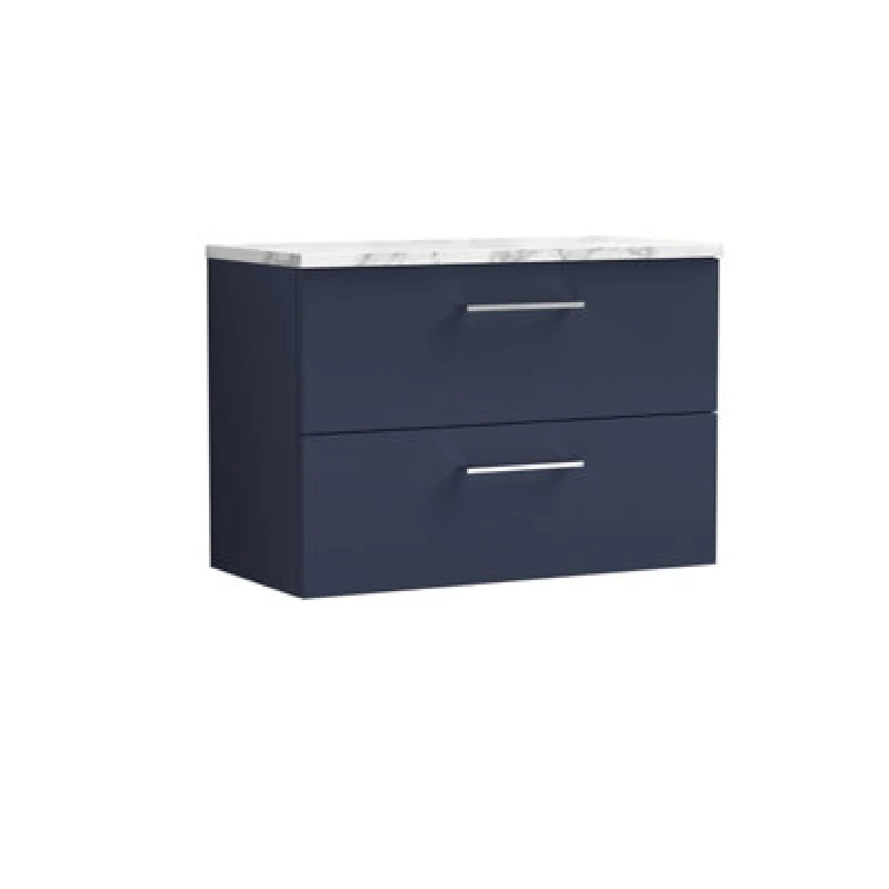 Image of Nuie Arno Wall Hung 2-Drawer Vanity & Carrera Marble Laminate Worktop, Stylish Counter Top Vanity Unit In Midnight Blue, 800mm