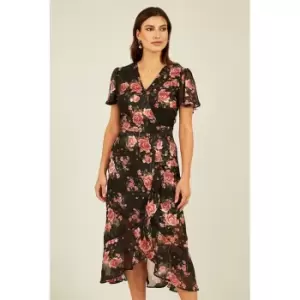 Image of Mela London Black Rose Print Midi Wrap Dress - Black