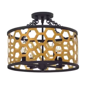 Image of 4 Bulb Semi Flush Light Hexagonal Laser Cut Steel Sunset Gold Black LED E14 60W