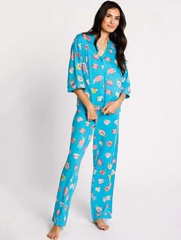 Image of CHELSEA PEERS NYC Tea and Books Boxy Button Up PJ Set - Teal, Size L, Women