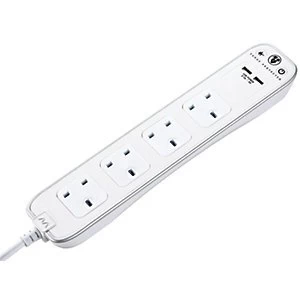 Image of Masterplug 4 Socket Extension Lead With Surge Protection And USB - White 1m 13A