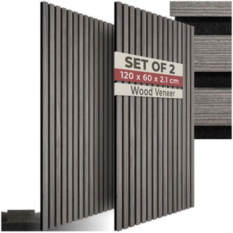 Image of Tectake Acoustic Wall Panels With Wood Veneer Slats, Thick Felt And Easy To Install Set Of 2 - Light Gray Oak