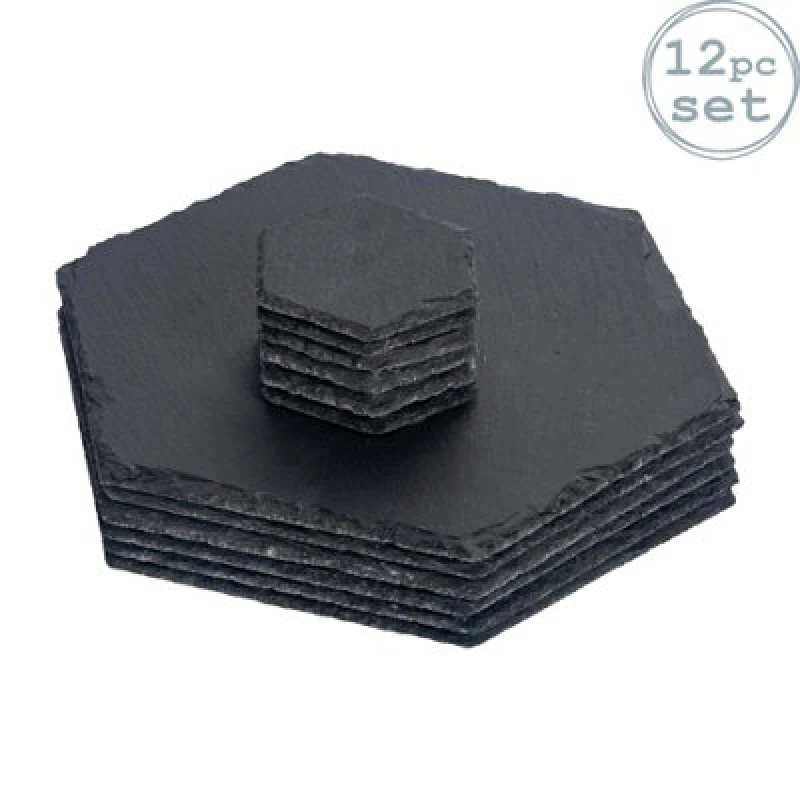 Image of Argon Tableware 12Pc Hexagonal Slate Placemats & Coasters Set - Black Natural Stone Dinnerware Plate Placemats Drink Mats