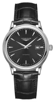Image of LONGINES L49844592 Flagship Black Dial Black Leather Watch