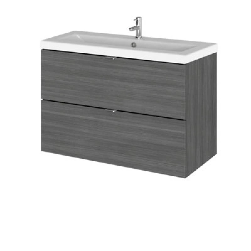 Image of Hudson Reed Fusion Wall Hung 2 Drawer Vanity Unit & Ceramic Basin, Sink Vanity Unit, Anthracite Woodgrain, 800mm