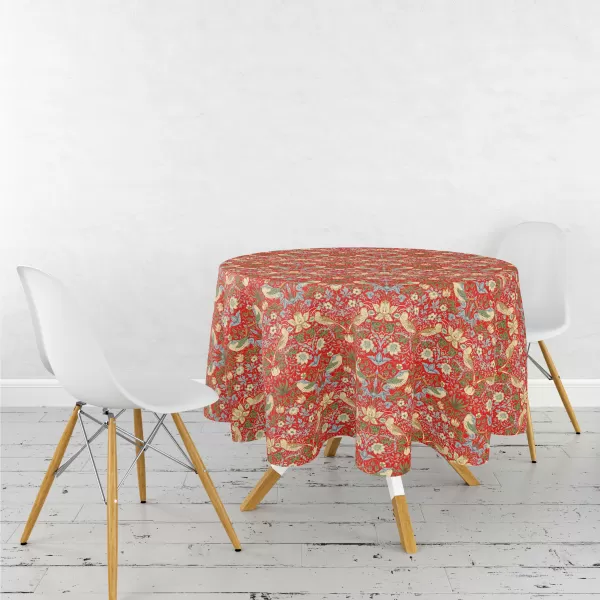 Image of William Morris Strawberry Thief Circular Acrylic Coated Tablecloth Strawberry Thief Red
