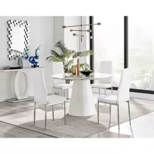 Image of Furniture Box Palma White Marble Effect Round Dining Table and 4 White Milan Chrome Leg Chairs