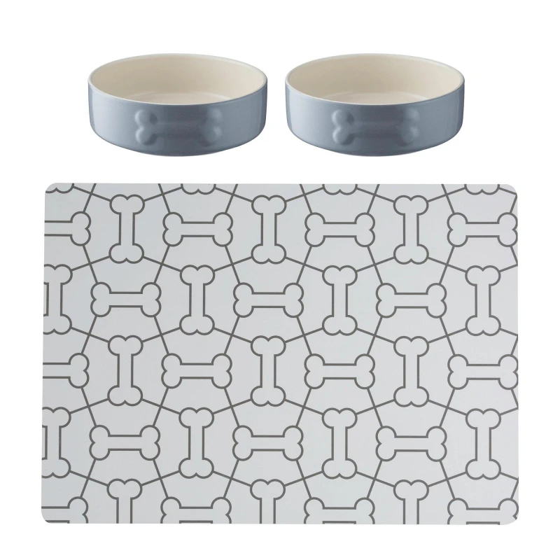 Image of Mason Cash 2x Colour Mix Dog Bowls and Mat Dog Bowls 15cm Grey 71078302000