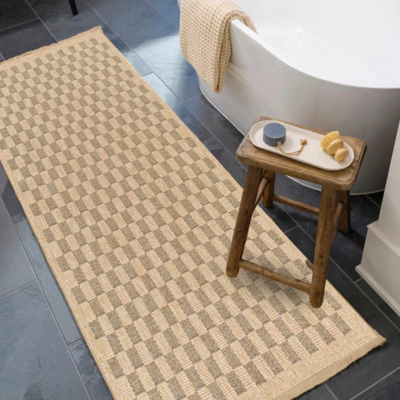 Image of Livabliss In- & Outdoor Cottage Jute-Look Light Brown/black Checkered Tori Runner Rug 80 X 220 Cm - Perfect For Balcony Or Dining Room