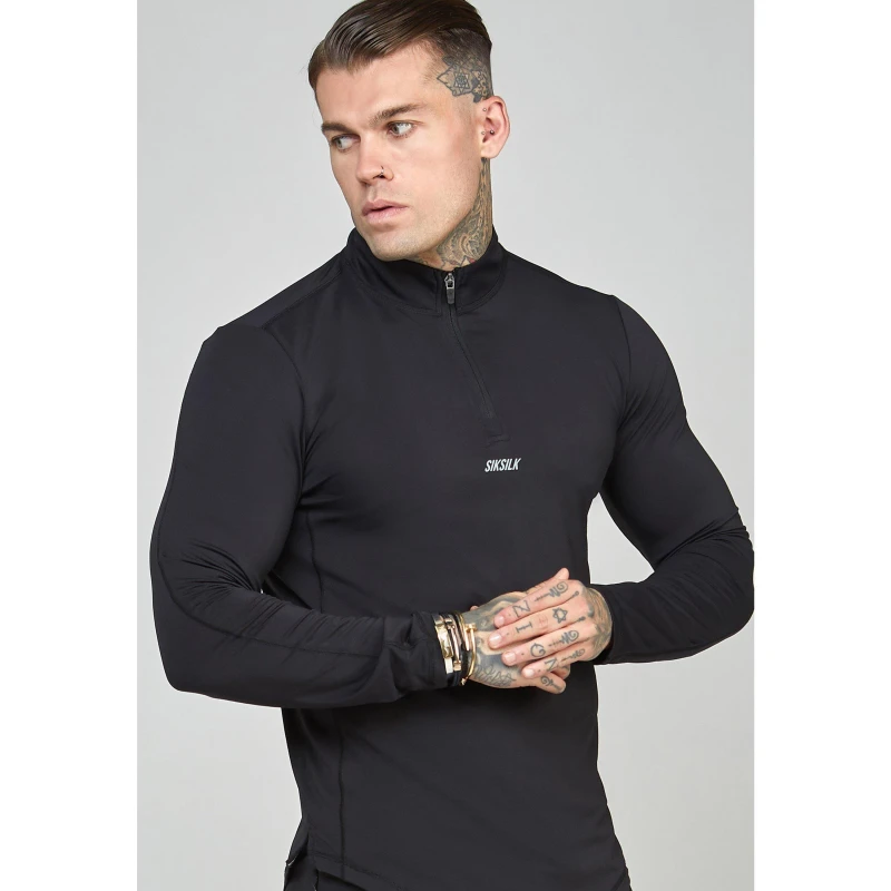 Image of SikSilk Camo Sports Muscle Fit Quarter Zip Long Sleeve Top Mens - Black XS