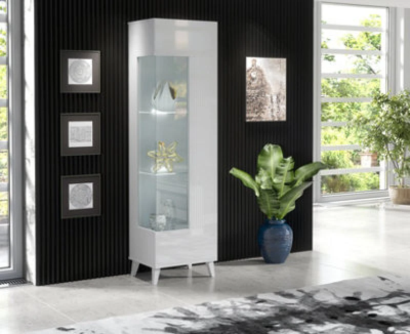 Image of Furneo High Gloss & Matt White Display Cabinet Storage Cupboard Azzurro 12 White LED Lights