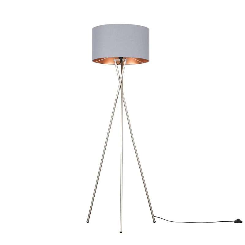 Image of ValueLights ValueLights Camden Grey & Metal Shade & Brushed Chrome Tripod Floor Lamp with Bulb in Copper Copper One Size Unisex 5055759992958