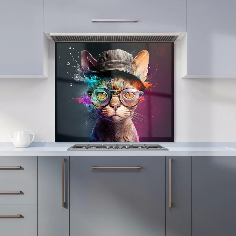Image of Warren Reed - Designer Devon Rex Cat With Hat Splashart Kitchen Splashback Size: 900mm x 750mm Multicolor Unisex 900mm x 750mm