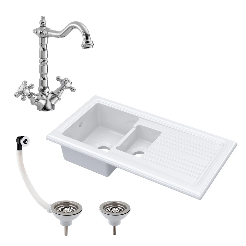 Image of Balterley Fireclay Drop In Sink 1.5 Bowl Drainer Tap Waste 1010mm White