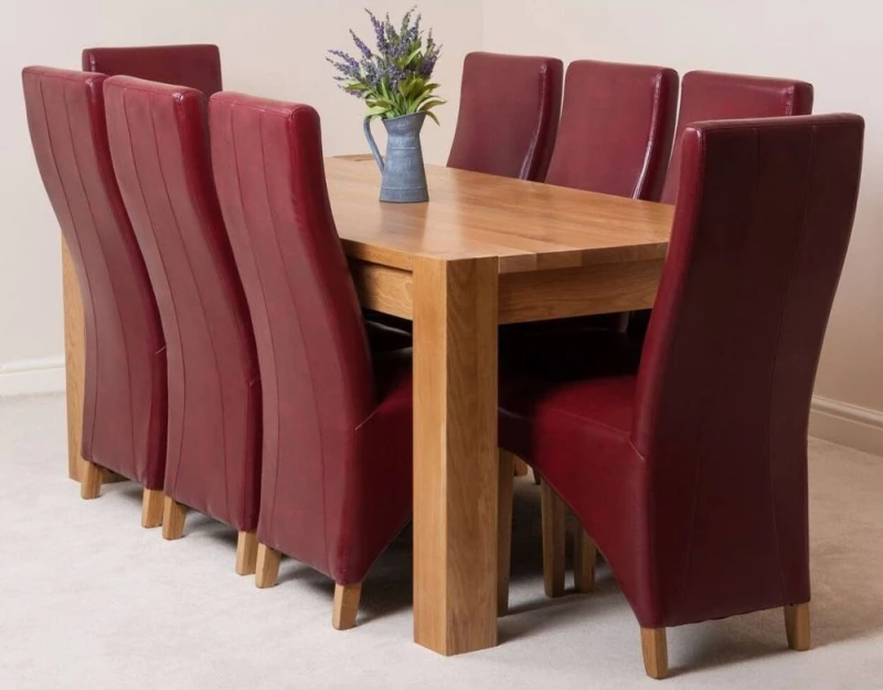 Image of Thats Furniture Kuba 180 x 90cm Chunky Oak Dining Table & 8 Lola Leather Chairs in Red Red Unisex 180 x 90 cm