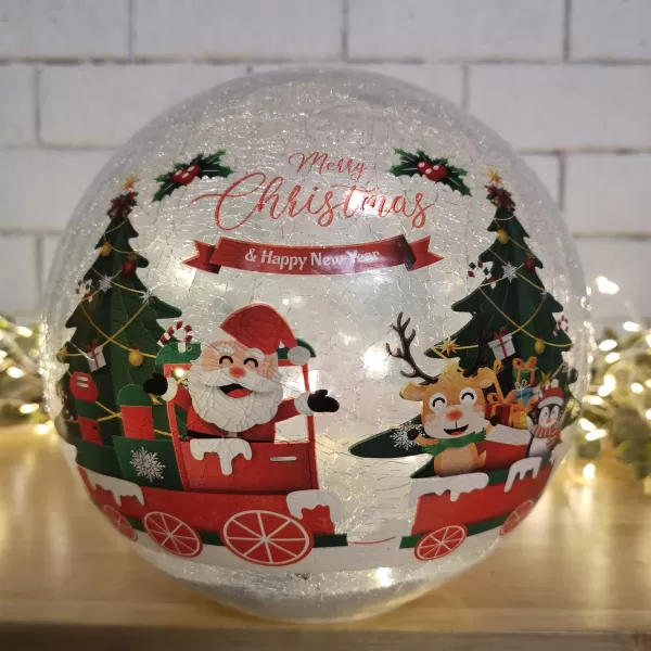 Image of 15cm Battery Operated Twinkling Warm White LED Crackle Effect Ball Christmas Decoration with Santa and Friends in Train