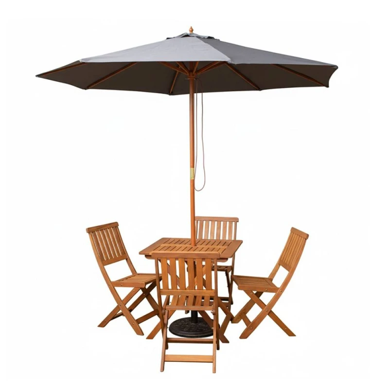 Image of Outdoor 4 Person Folding Square Wooden Garden Dining Table Chairs Grey Parasol and Base Set