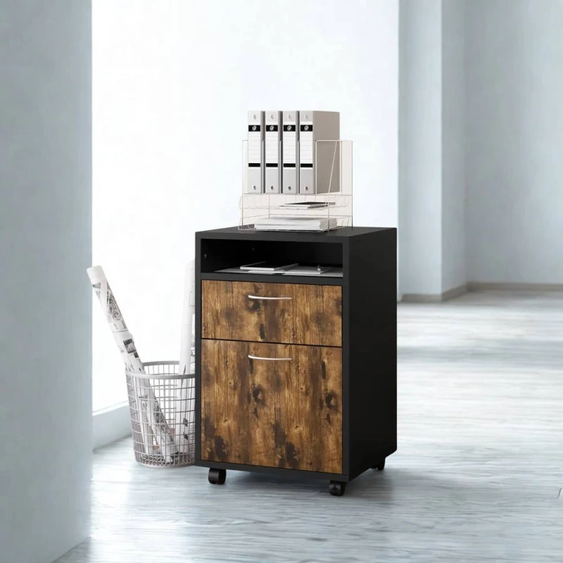 Image of FURNOS 2 Drawer Portable Rolling Filing Cabinet With Shelf in Brown Brown Unisex