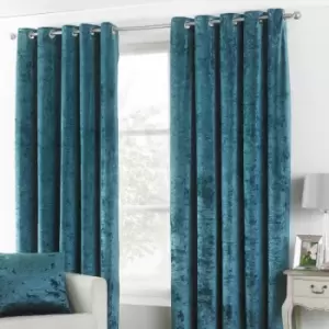 Image of Verona Crushed Velvet Lined Eyelet Curtains, Teal, 90 x 72" - Paoletti