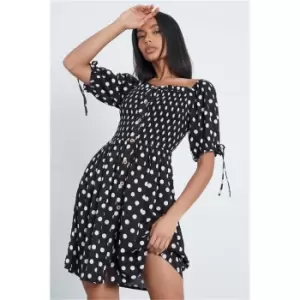 Image of I Saw It First Black Woven Polka Dot Shirred Square Neck Puff Sleeve Smock Dress - Black