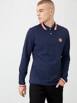 Image of Pretty Green Long Sleeved Tipped Collar Polo Shirt - Navy Size M Men