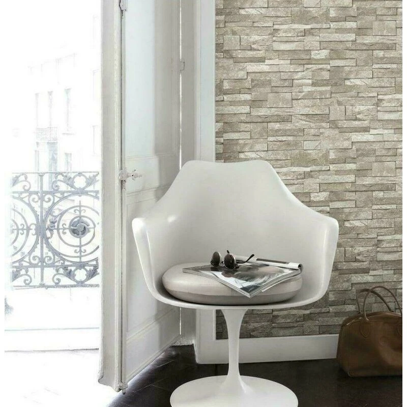 Image of GRANDECO Grandeco - Stone Sandstone Beige Brick Slate 3D Realistic Vinyl Wallpaper A17203 WL-A17203