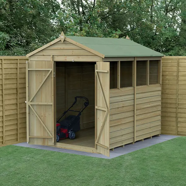 Image of 8' x 6' Forest 4Life 25yr Guarantee Overlap Pressure Treated Double Door Apex Wooden Shed - 4 Windows (2.42m x 1.99m)